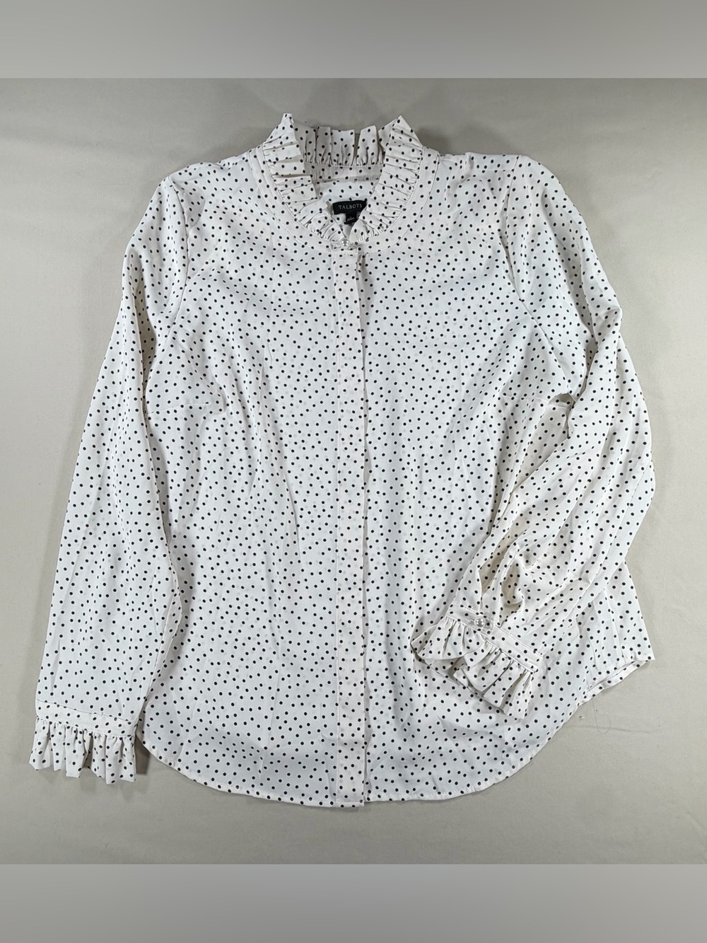 Talbots Petite Polka Dot Ruffle-Neck Blouse - White/Black sz L NWT